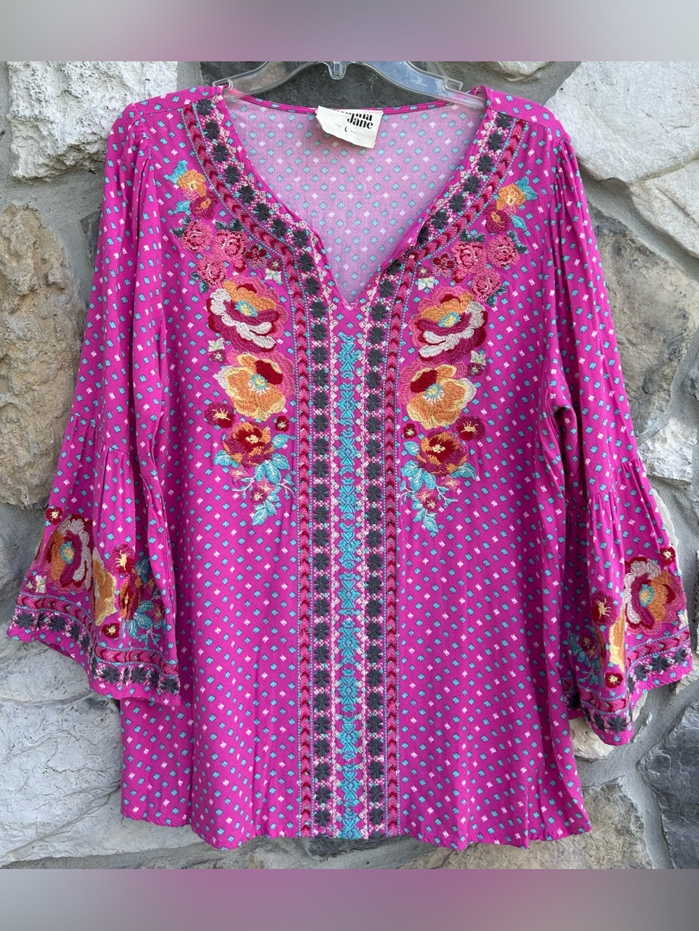 Savanna Jane Blouse Top Size L Pink Floral Embroidered Boho Western Rustic Chic